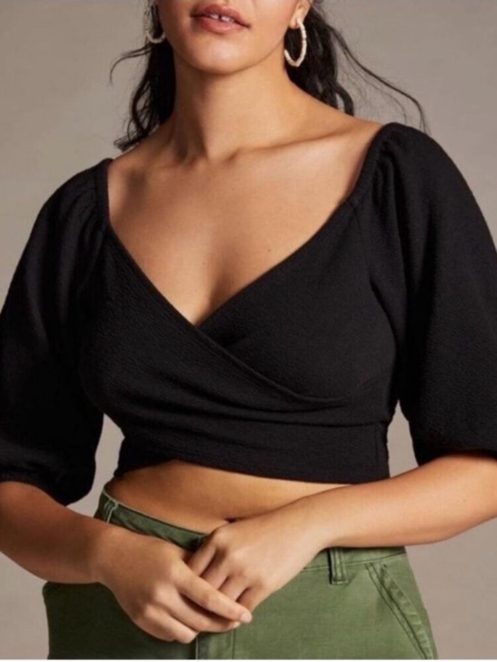 Anthropologie Maeve Black Wrap Crop Top with Puff Sleeves